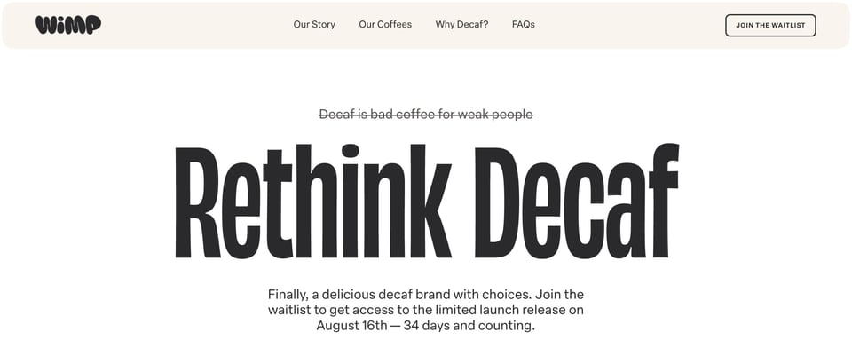 Header Navigation section on Wimp Decaf Coffee Co section design