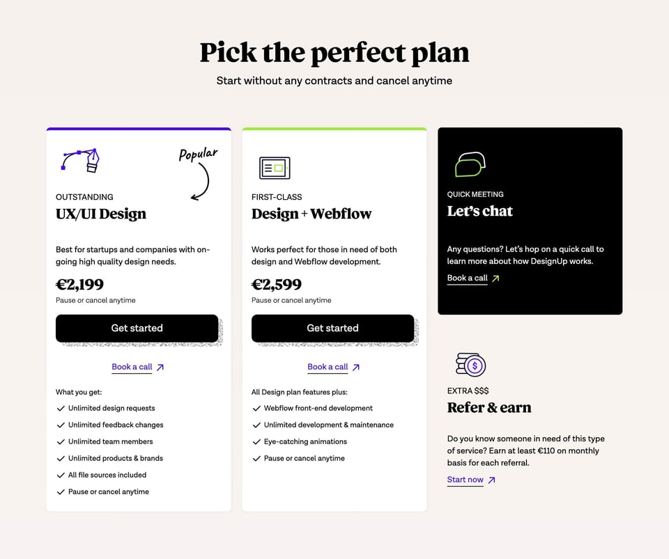 Pricing Table section on DesignUp section design