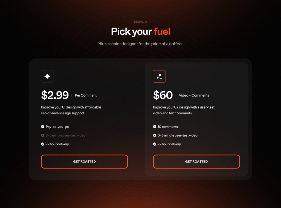 Pricing Table section on Roasti section design