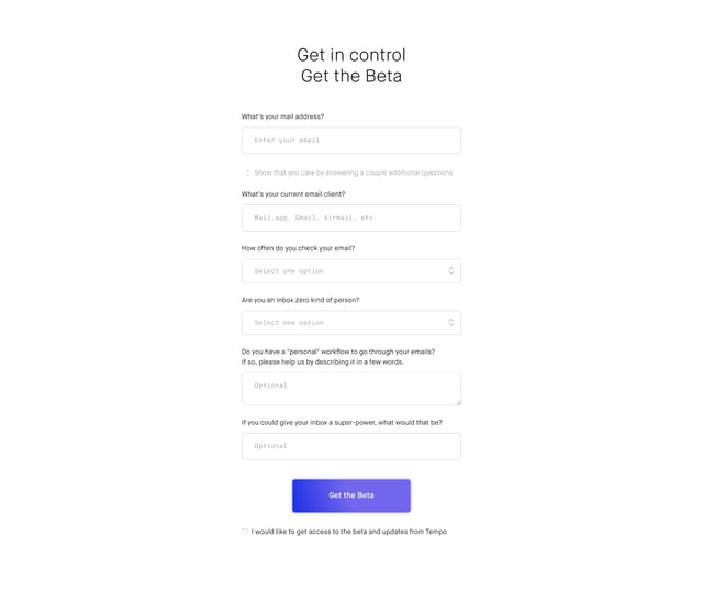 Tempo Waitlist or Beta Sign Up Section