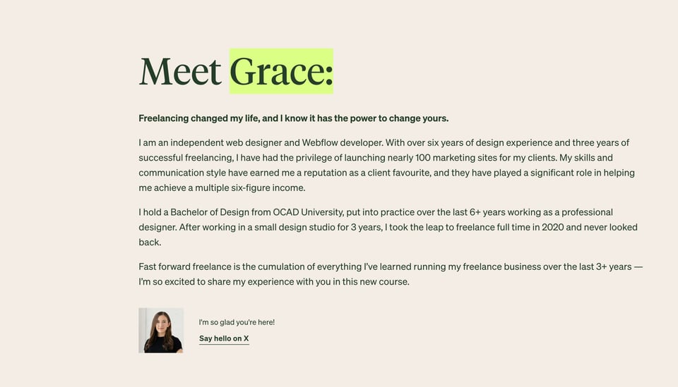 Biography section on Fast Forward Freelance section design