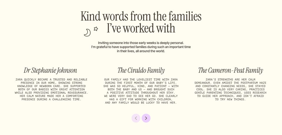 Testimonial Slider section on Zara Webb section design