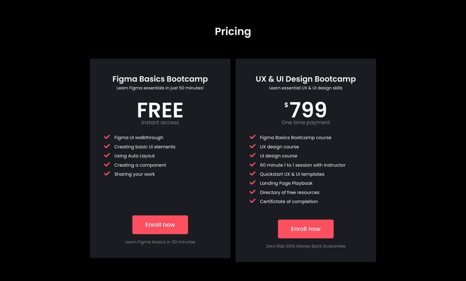Pricing Table section on CursorUp section design