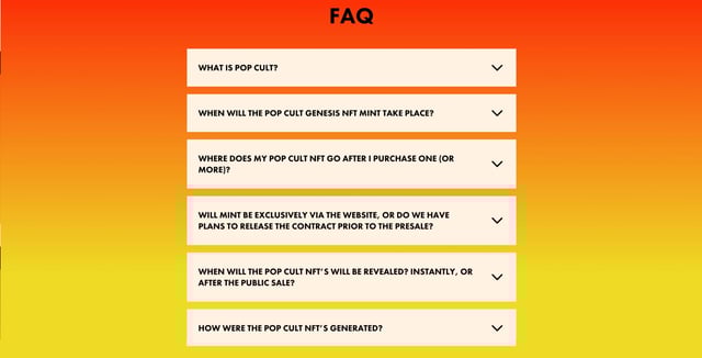 Pop Cult NFT FAQ Accordion Preview