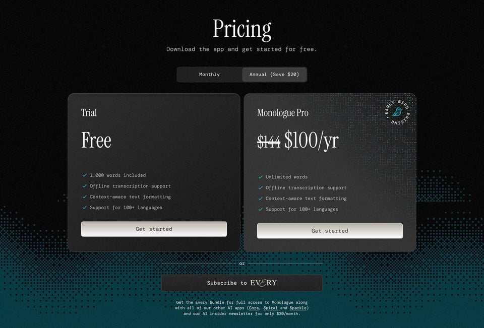 Pricing Table section on Monologue section design