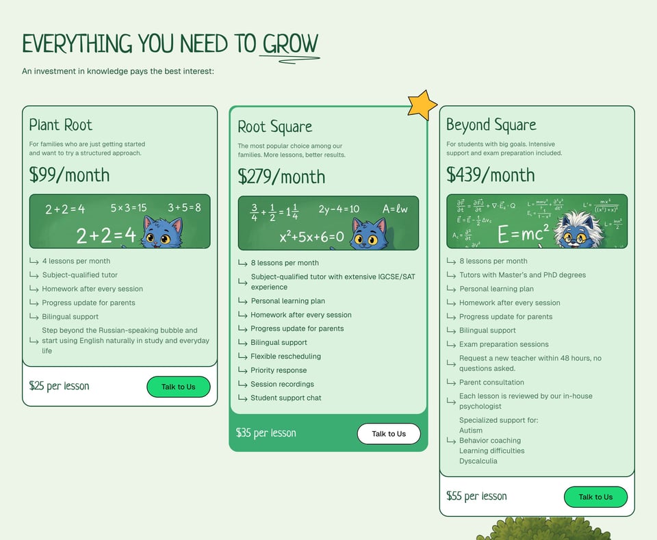 Pricing Table section on Root Square section design