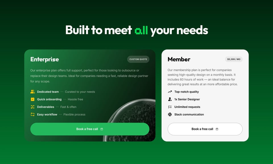 Pricing Table section on seedesign section design