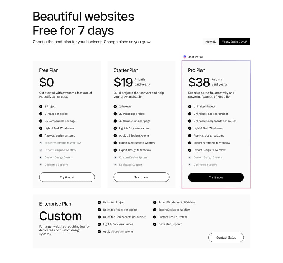 Pricing Table section on Modulify section design