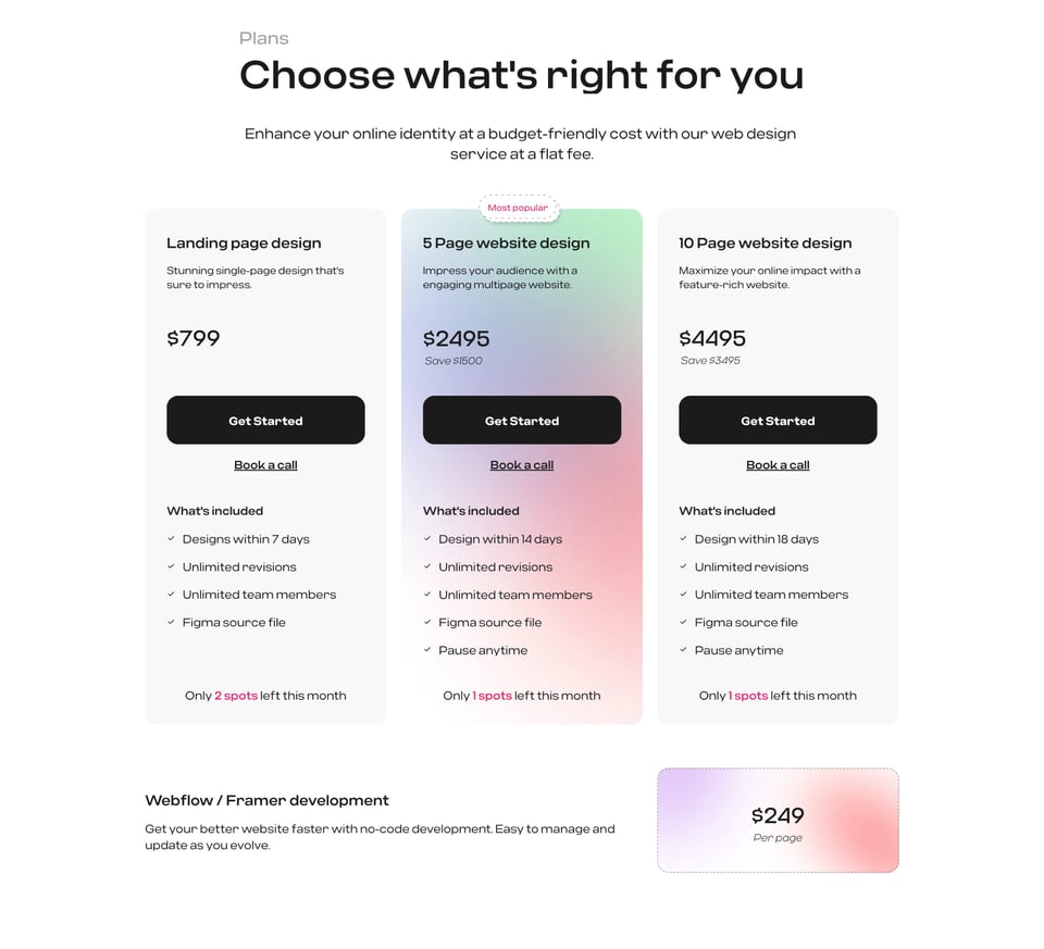 Pricing Table section on DesignPixil section design