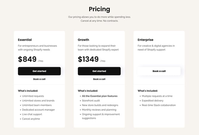 Storespark Pricing Table Preview