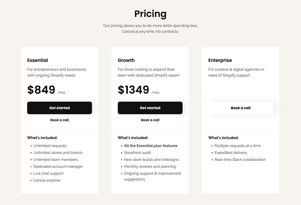 Pricing Table section on Storespark section design