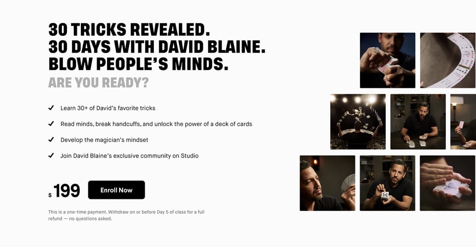 Pricing Table section on Studio + David Blaine: Magic section design