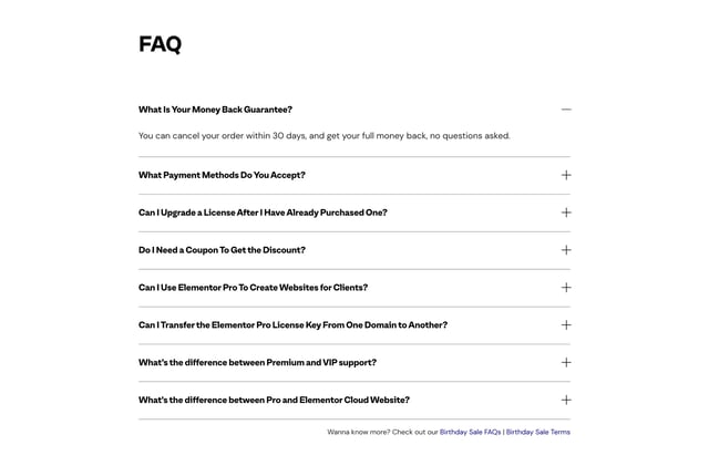 Elementor 6th Birthday Sale FAQ Accordion Preview