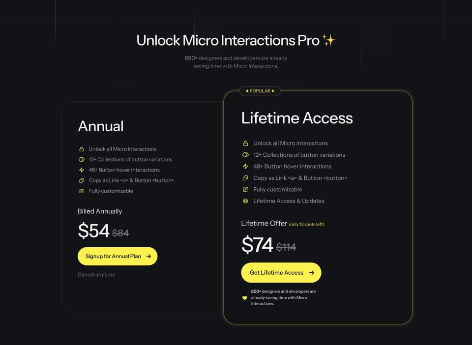 Pricing Table section on Micro-Interactions section design