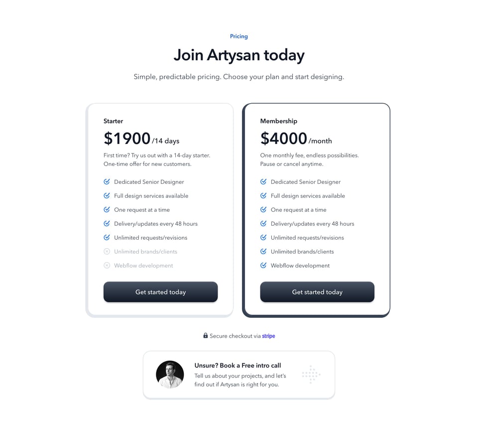 Pricing Table section on Artysan section design