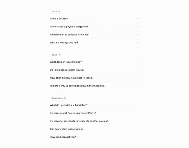 Interfaces Magazine FAQ Accordion Section