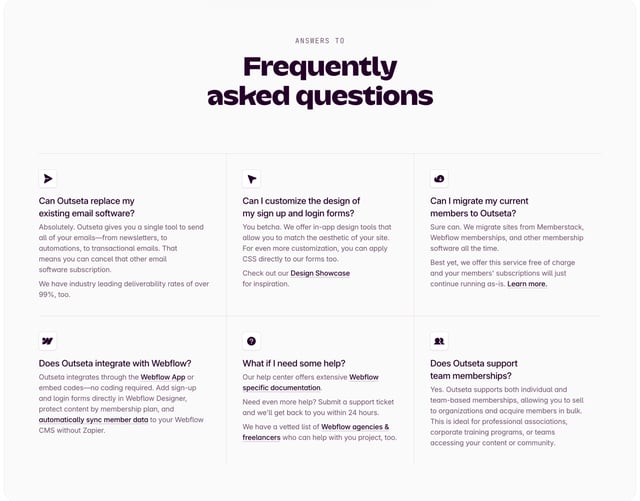 Outseta – Memberstack alternative FAQ Grid Preview