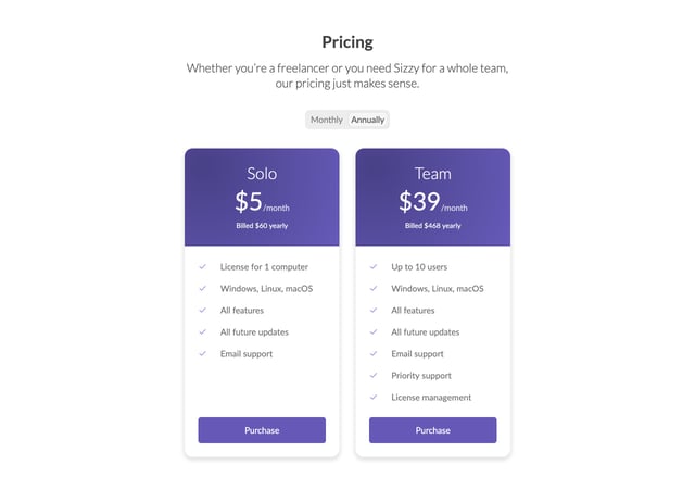 Sizzy Pricing Table Preview