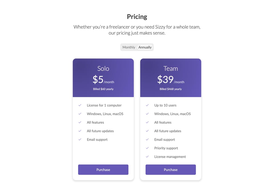 Pricing Table section on Sizzy section design