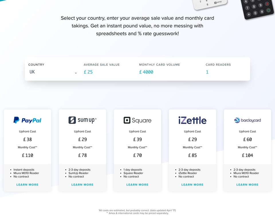 Pricing Table section on StoreKit mPOS Calculator section design