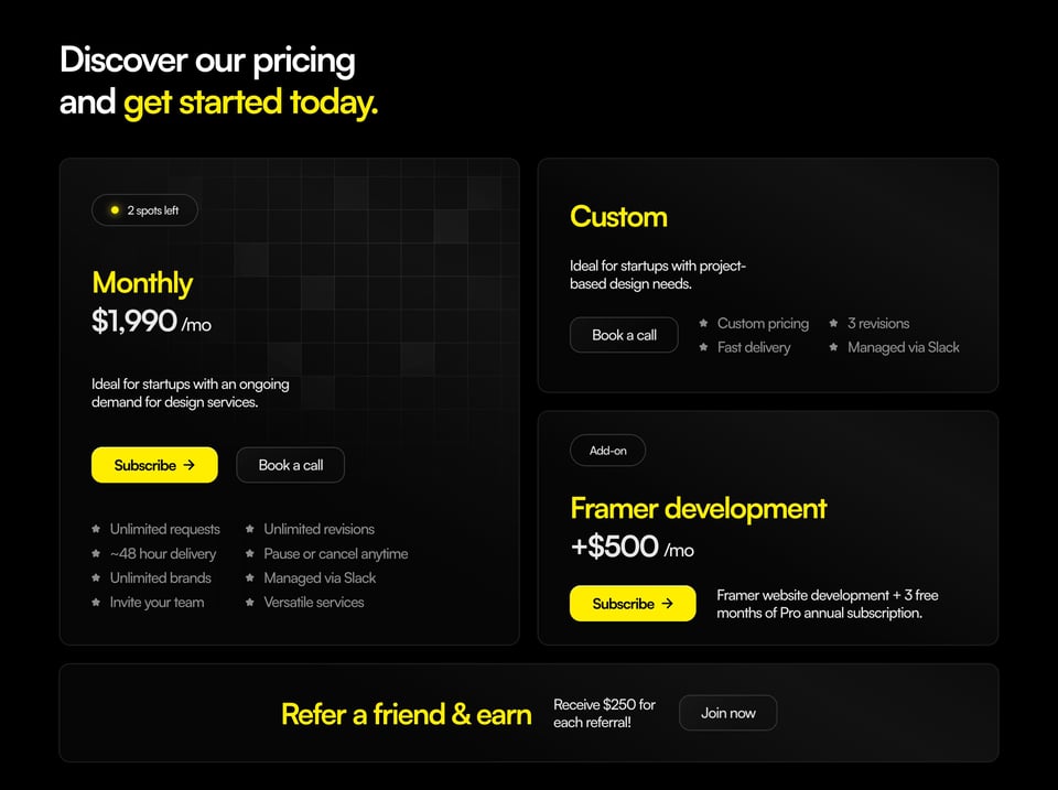 Pricing Table section on Artone Studio section design
