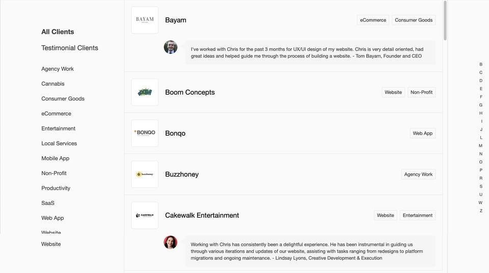 Client Name List section on Made by Porter section design
