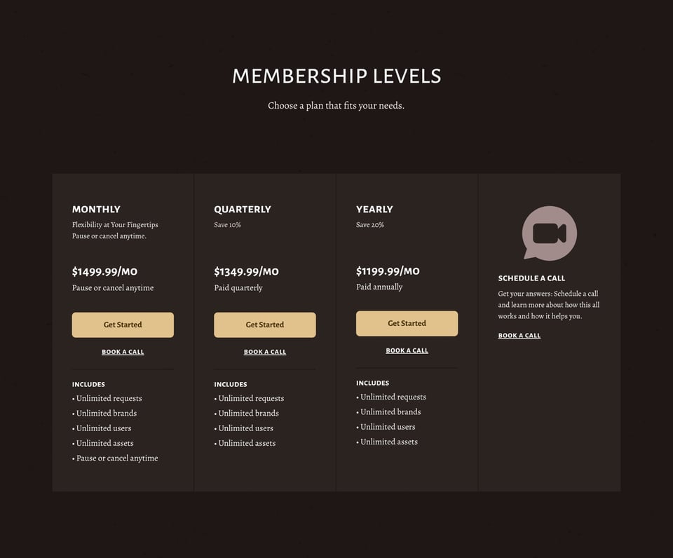 Pricing Table section on The Rumor Company section design