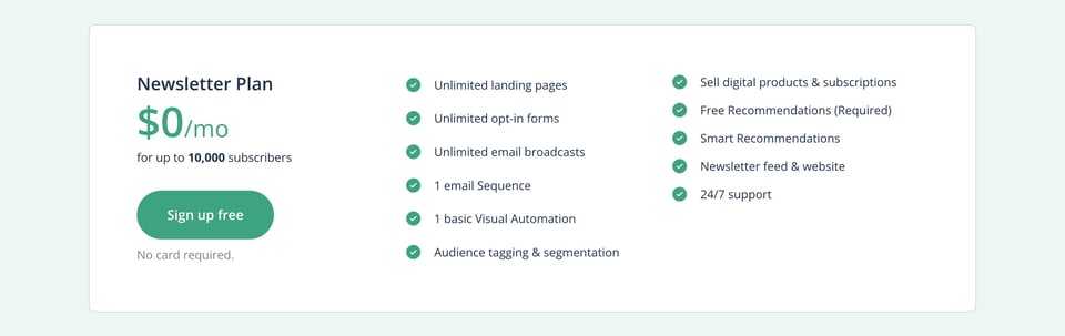 Pricing Table section on Convert Kit – Newsletter Plan section design