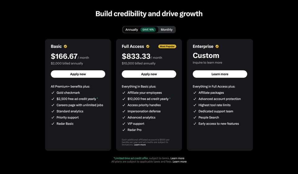 Pricing Table section on X Premium Business section design