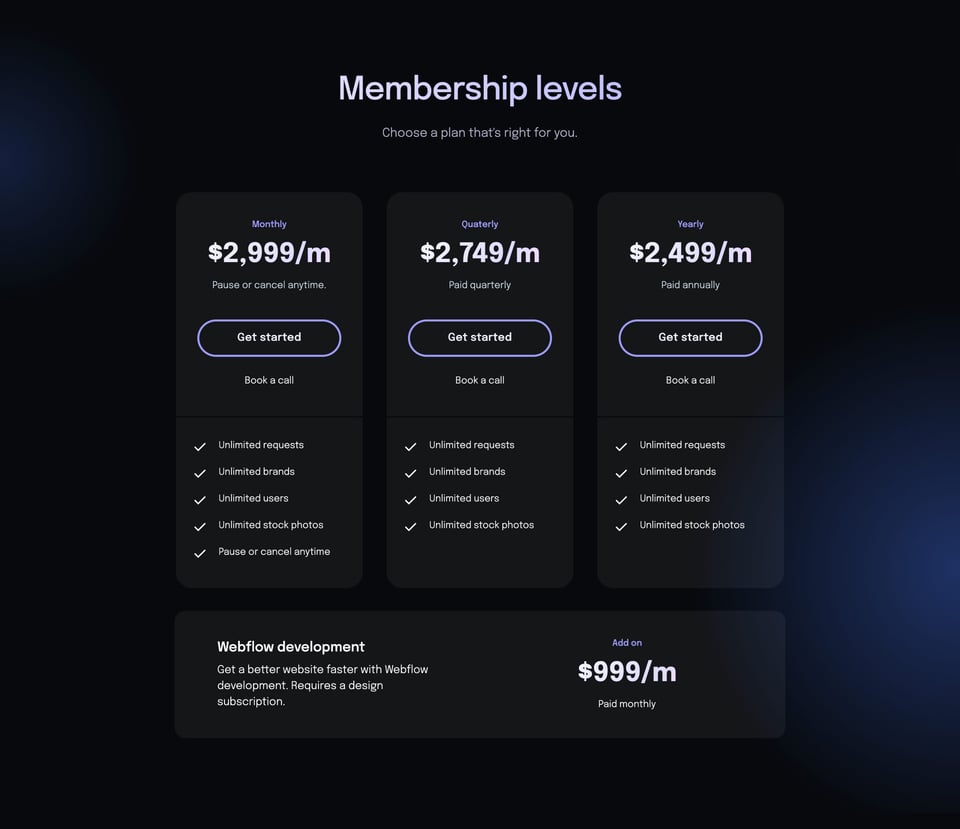 Pricing Table section on Ravlay section design