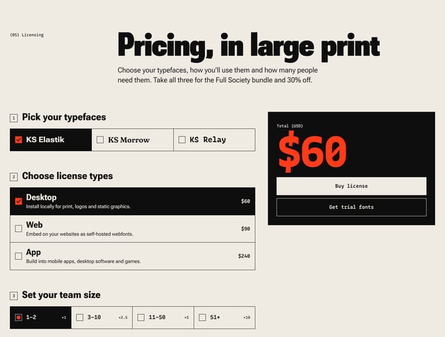 Pricing Table section