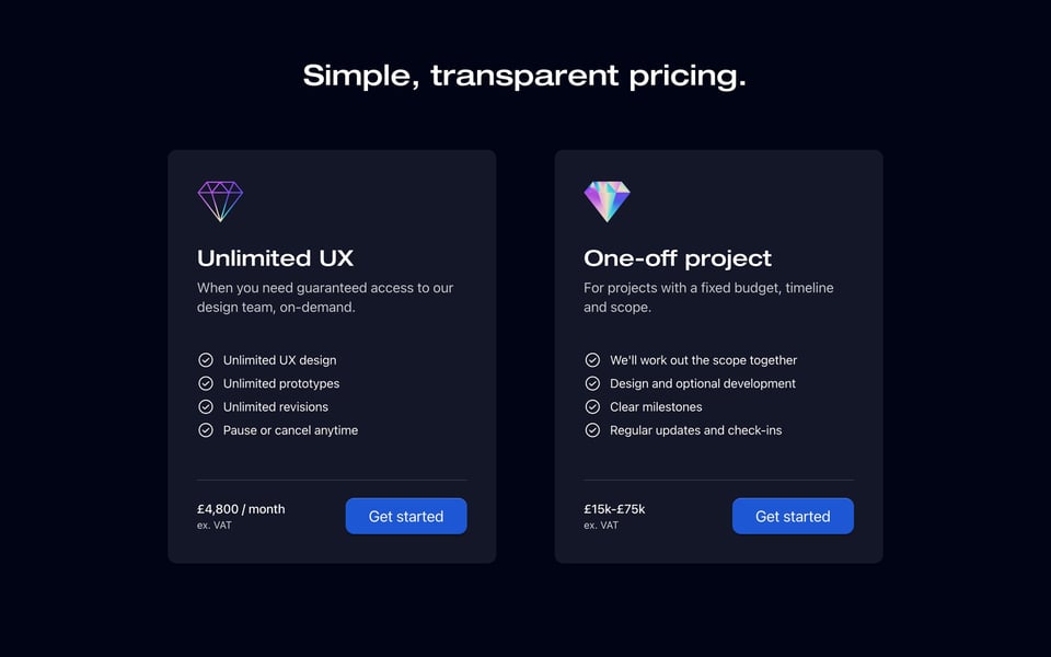 Pricing Table section on Caboodle Studio section design