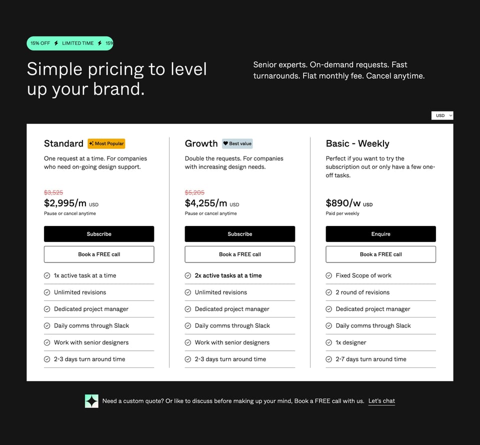 Pricing Table section on Double Makers Design Subscription section design