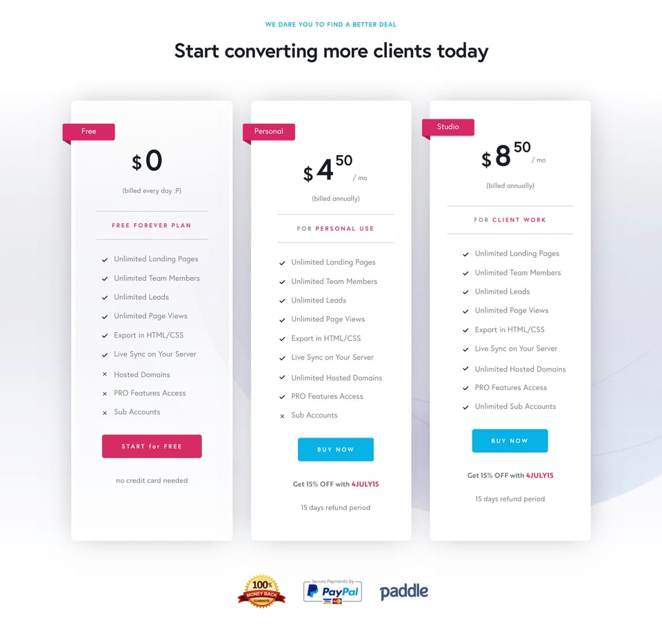 Pricing Table section on Brizy Cloud section design