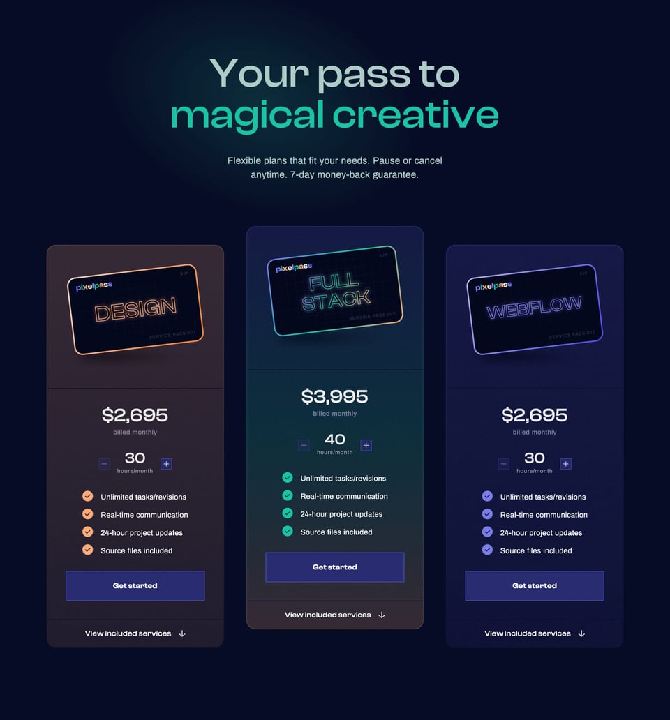 Pricing Table section on PixelPass section design
