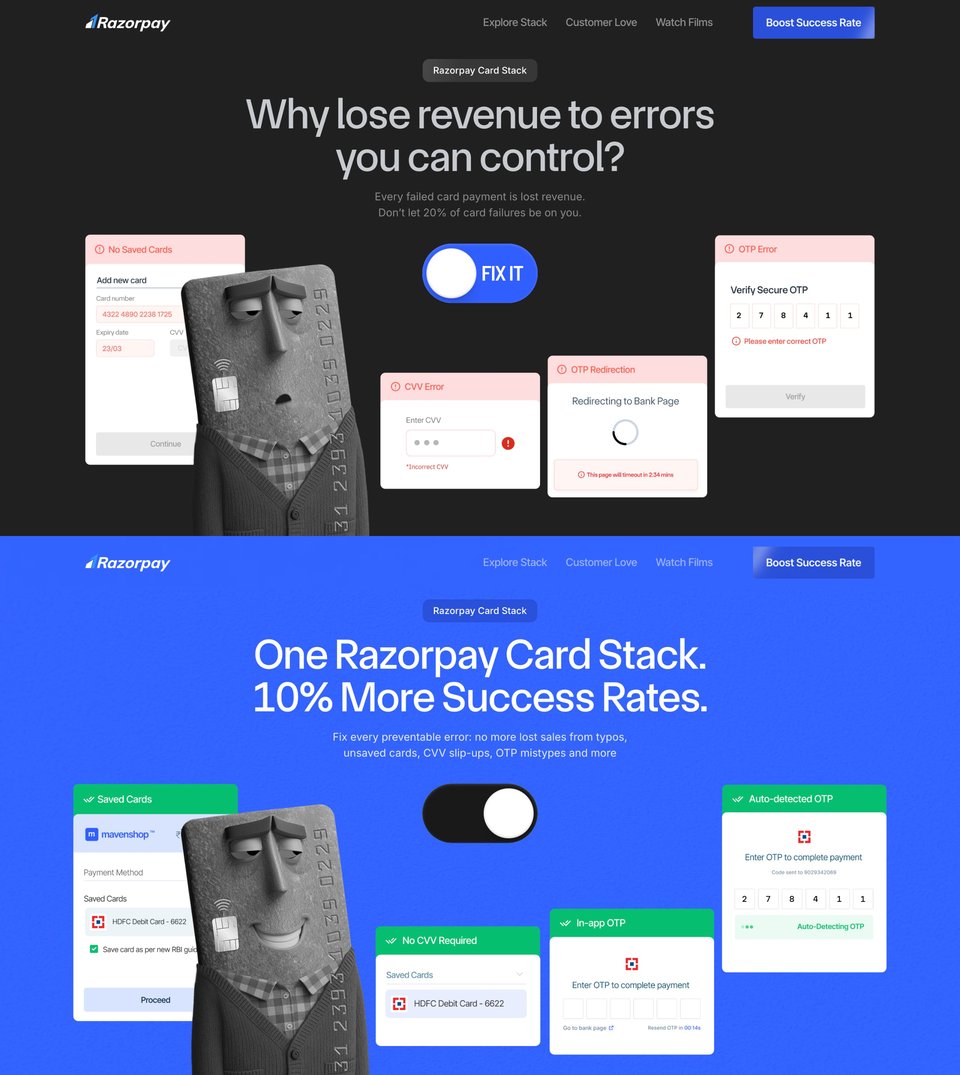 Before After section on Razorpay Card Stack section design