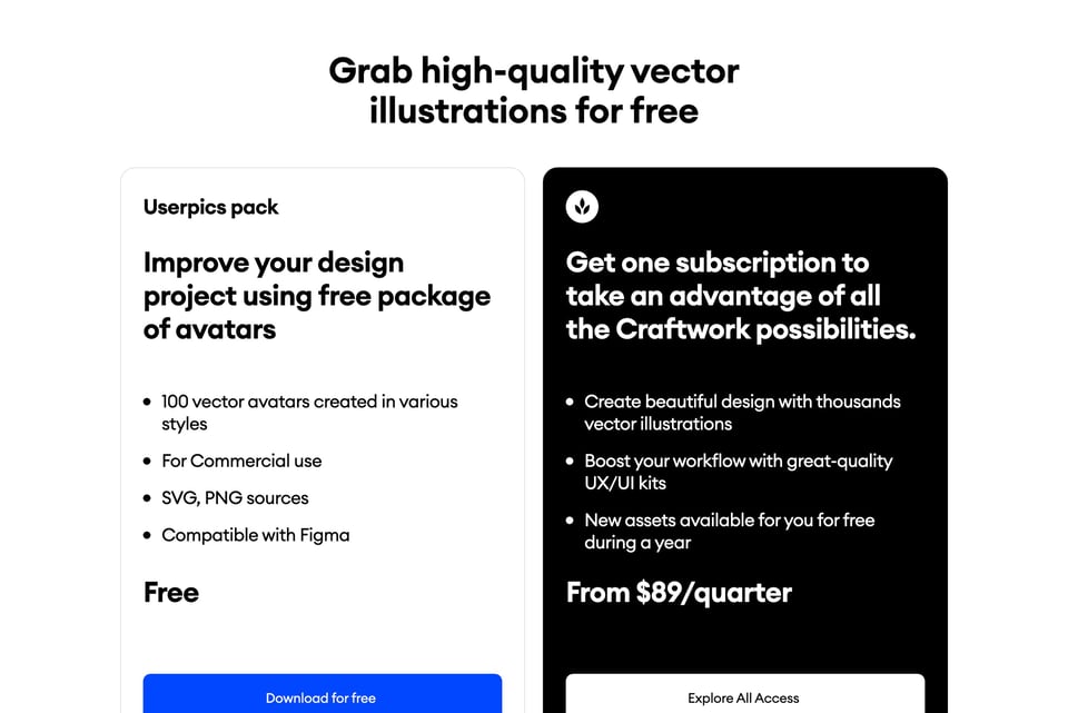 Pricing Table section on Userpics section design