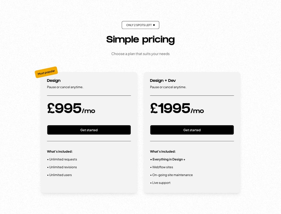 Pricing Table section on Digital Flow section design