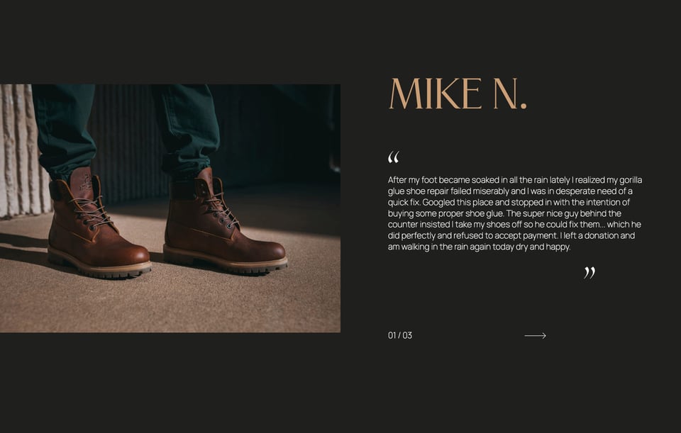 Testimonial Slider section on Express Shoe Repair section design