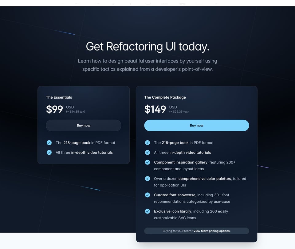Pricing Table section on Refactoring UI section design