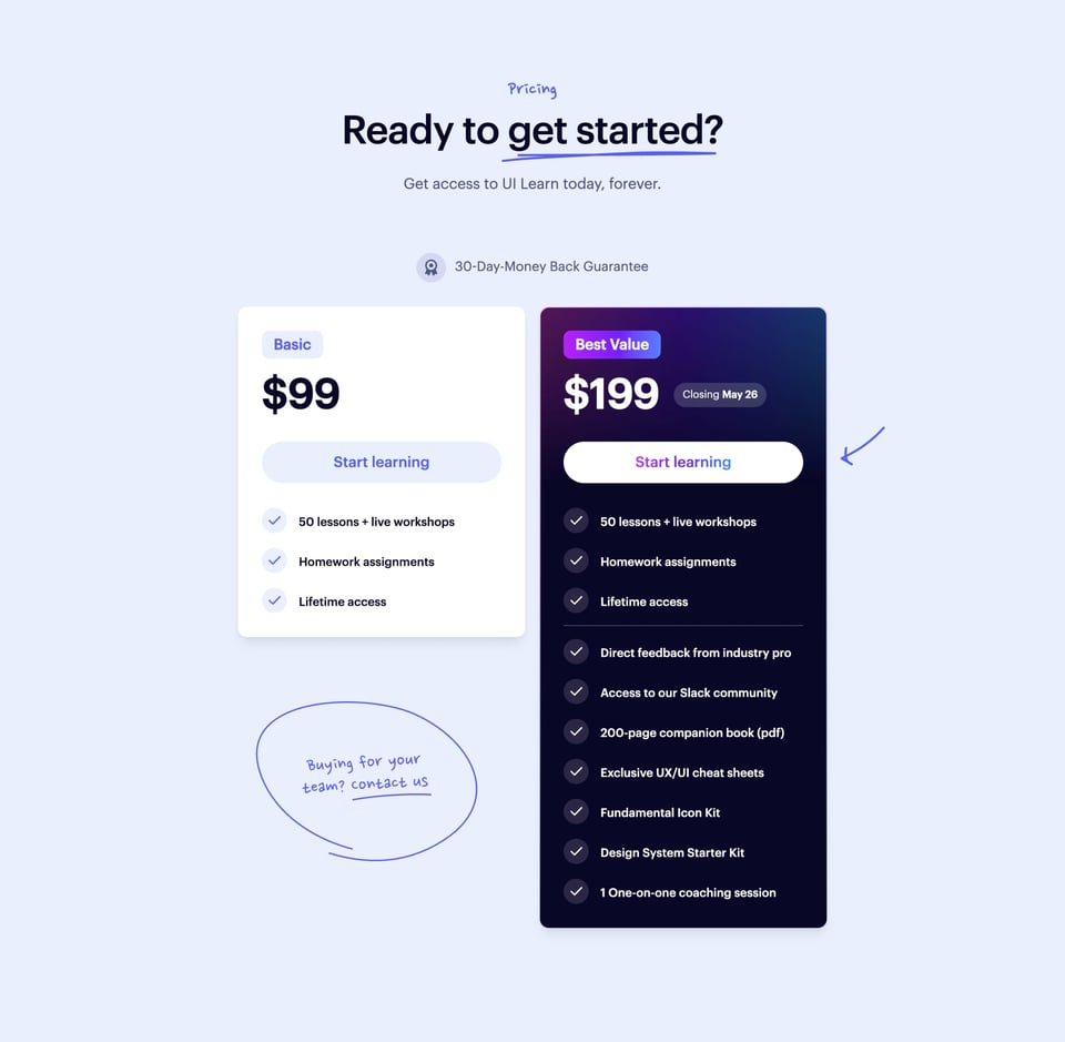 Pricing Table section on UI Learn section design