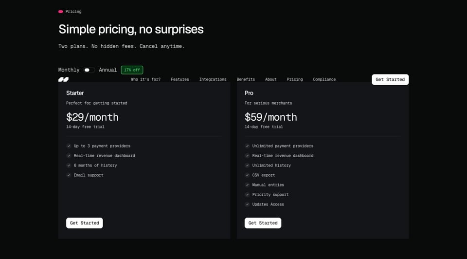 Pricing Table section on SIMEON SH section design