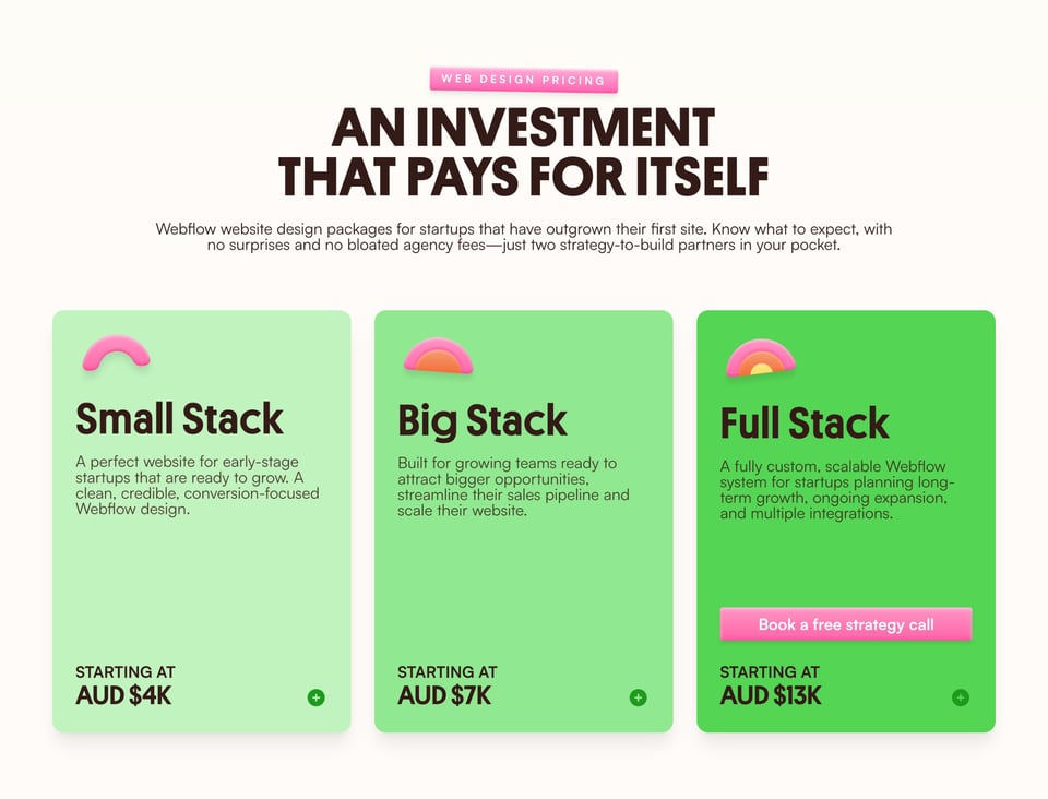 Pricing Table section on Pancake Web Studio section design
