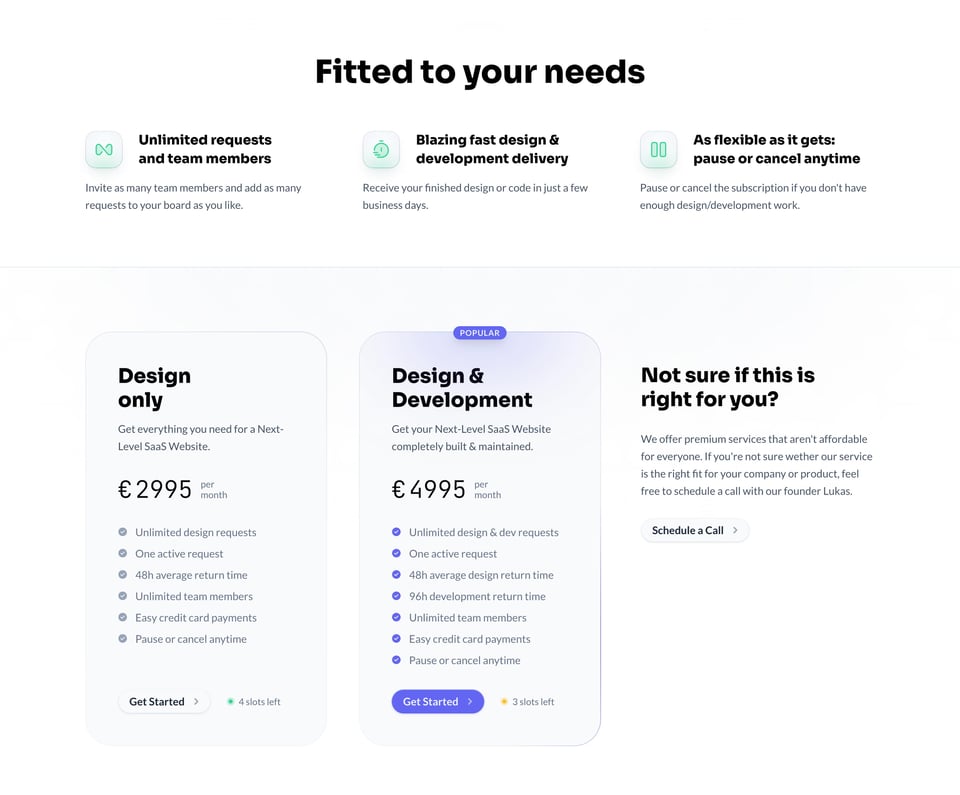 Pricing Table section on LW Works section design