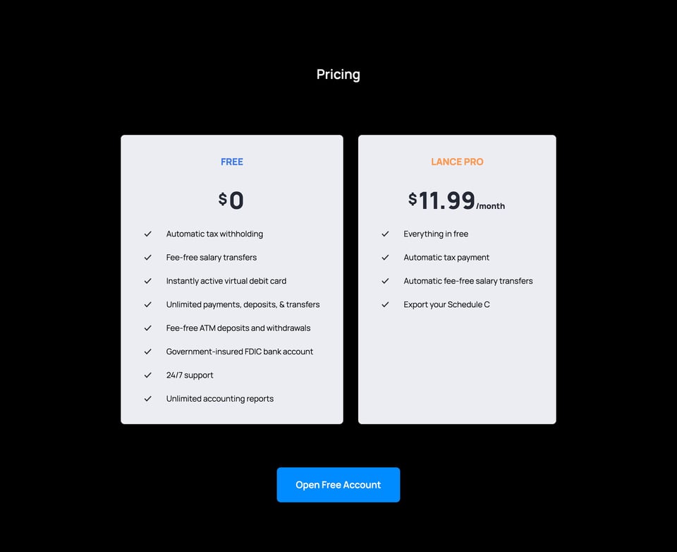 Pricing Table section on Lance section design