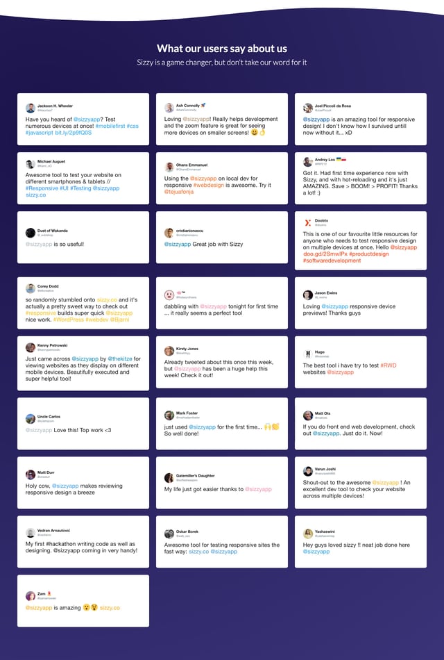 Sizzy Testimonial Tweets Preview