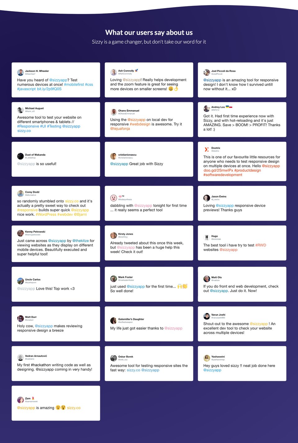 Testimonial Tweets section on Sizzy section design