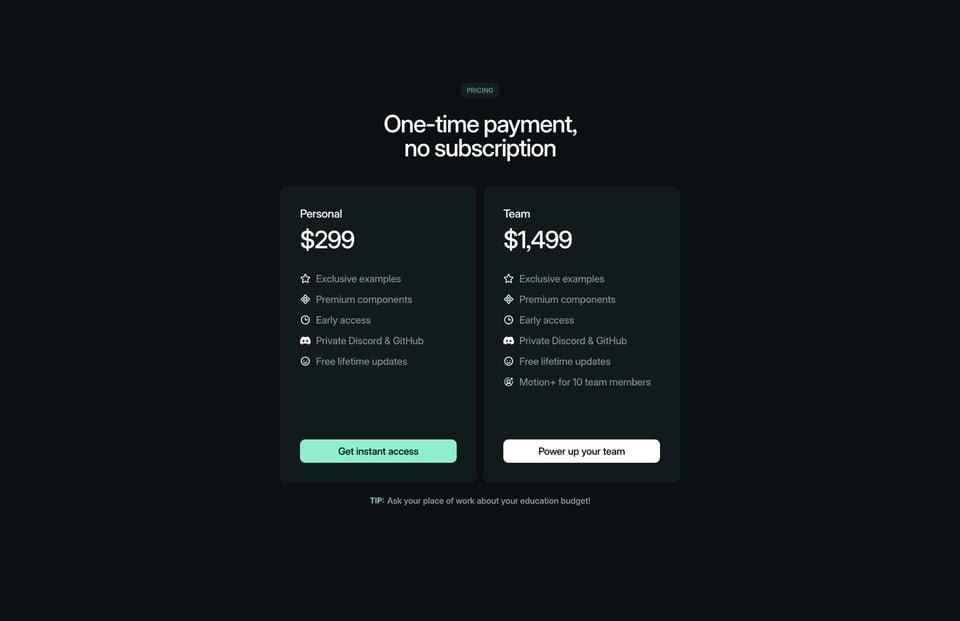 Pricing Table section on Motion+ section design