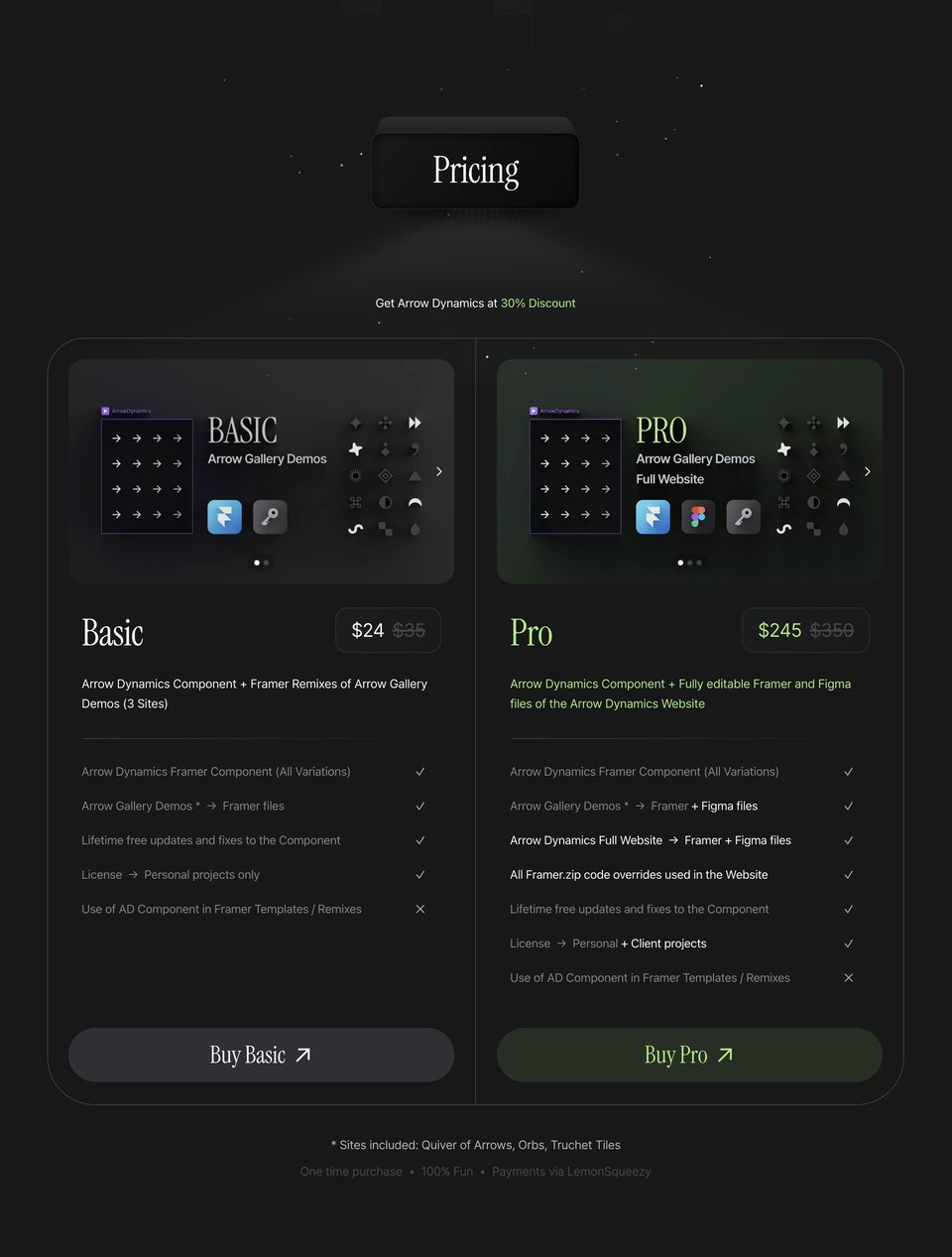 Pricing Table section on Arrow Dynamics section design