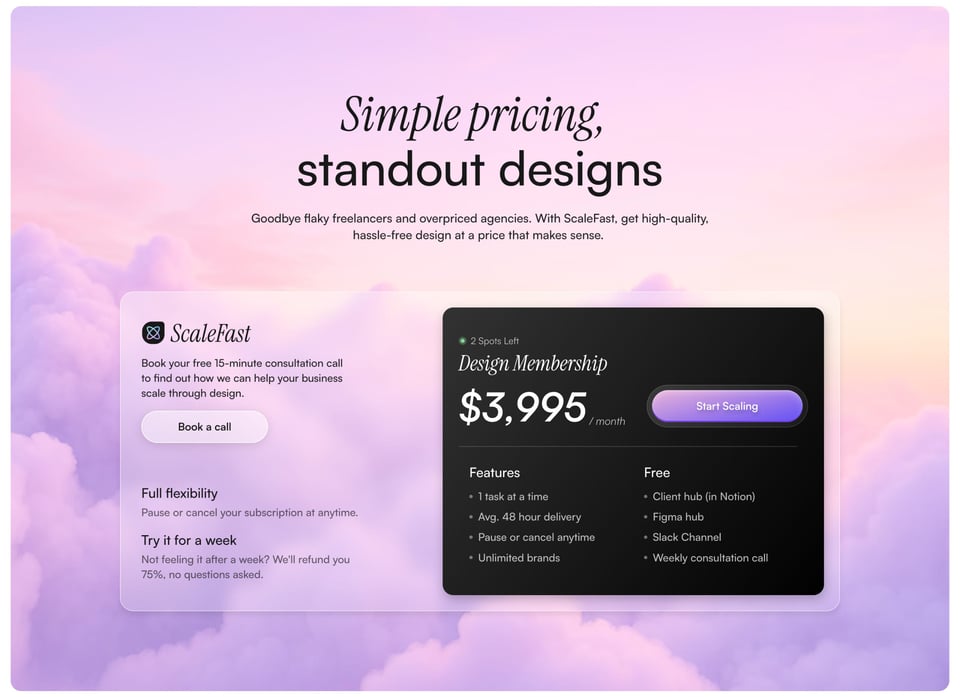 Pricing Table section on ScaleFast section design